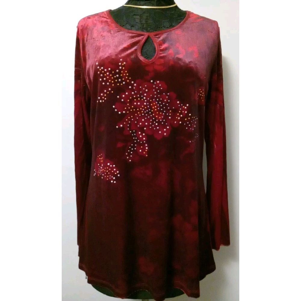 Susan Lawrence Women Burgunduy Floral Print Beaded Longsleeve Top Size L‎
